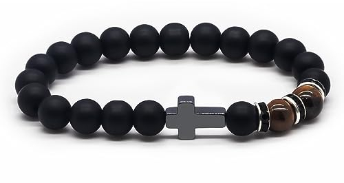 TOLOWOBK Kreuz Armband Herren Tigerauge Armband Männer Perlenarmband Herren Jungen Naturstein Perlen Armbänder Christliche Einschulung Schulanfang Geburtstag Geschenke für Sohn Bruder Enkel Neffe