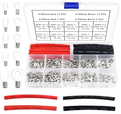 YIXISI 356 Stücke M3/M4/M5/M6 Nicht Isolierte Ring Gabel Drahtklemmen Kit, Ringkabelschuhe Quetschverbinder, O-Typ Draht Crimp Kupfer Terminal Connector, mit Schrumpfschlauch,AWG 22–16 16–14 14–12