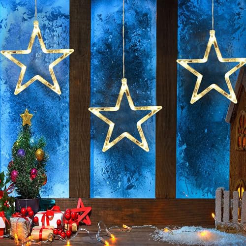 3 Pack Christmas Window Lights, Battery Powered Christmas Window Hanging Light with Suction Cups,Lighted LED Sucker Lamp for Xmas Tree Fireplace Window Indoor Outdoor Decoration (Star)