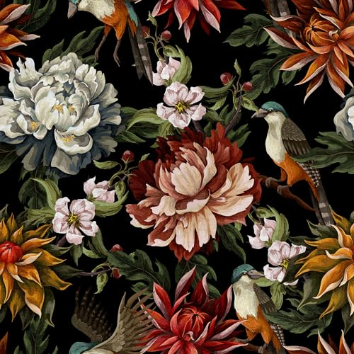 HEKO PANELS Samt Stoff Meterware Dekostoff Bedruckt Möbelstoff Polsterstoff Samtstoff Velvet Polyester Stoffe Zum Nähen Wasserabweisend Royal Pfingstrosen Vögel 140 x 100 cm RDX649