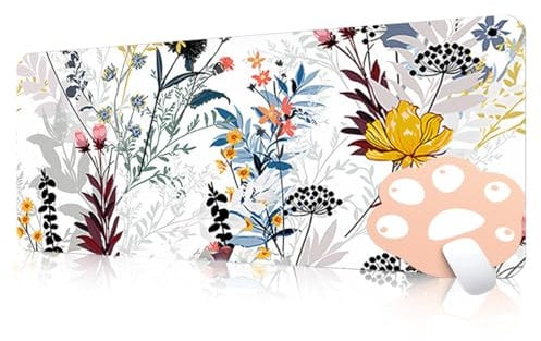FAIRYGATE Mousepad Gaming Cute Flowers Desk Mat Floral Green XXL Large Extended Waterproof Deskmat Laptop Keyboard for Women Office Gamer Girl White B6714-M