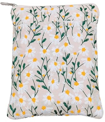 Buchhülle mit Gänseblümchen-Motiv, gepolstert, Segeltuch, mit Vordertasche, eleganter Reißverschluss, erhältlich in drei Größen für Taschenbücher und Hardcover, 27,9 x 21,6 cm, Weiß