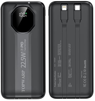 TOPWARP 20000mha Power Bank Portable Super PD 22.5W and QC3.0 Fast Charger with 4 Built-in Output Channels 2 Output Cables and LED Display for iPhone and Android Phones, Most Electronic Devices Black