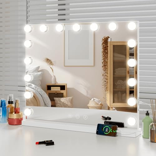 Ereousa Schminkspiegel mit Beleuchtung, Dimmbarer Touchscreen Hollywood Spiegel mit 17 Led Licht, Langlebig Schminktisch Spiegel für Make-Up (80 x 62cm)