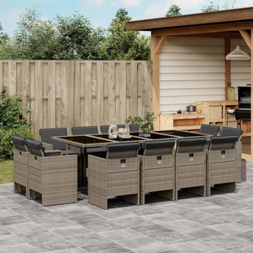 Gecheer 13-TLG. Polyrattan Sitzgruppe, Rattan Gartenmöbel Set, Garten Essgruppe 12 Personen, Gartentisch mit Stühlen, Balkonmöbel Set, Gartengarnitur Sitzgarnitur Terrassenmöbel mit Kissen Grau