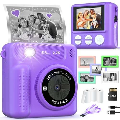 VATOS Kinderkamera Sofortbildkamera, 2.4 1080P Sofortbildkamera für Kinder,32GB Wiederaufladbare Kinder Digitalkamera mit Musik-Player & Spiel,Weihnachten Geburtstag Geschenke für Mädchen Jungen