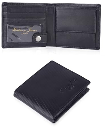 Hudson & James Designer Real Genuine Mens Leather Wallet Purse Gift Box (Carbon Black/Black)