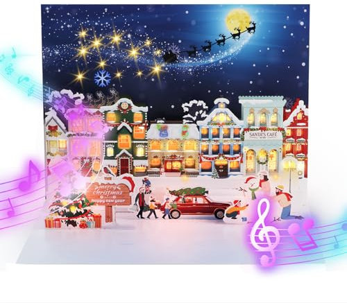 APOTODITO Weihnachtskarte mit Musik, Pop Up Christmas Card with Music and Light, Weihnachtskarten Weihnachtsgeschenke für Frauen Männer Kinder, Weihnachtskarten mit Umschlag