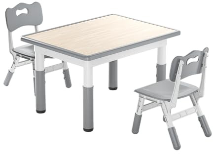 Froadp Kindertisch mit 2 Stühlen Kunststoff Kindersitzgruppe Höhenverstellbar Kinder Tisch Stuhl Set Kindermöbel Multifunktionale Sitzgruppe für Jungen und Mädchen im Alter von 2-10 Jahren, Grau