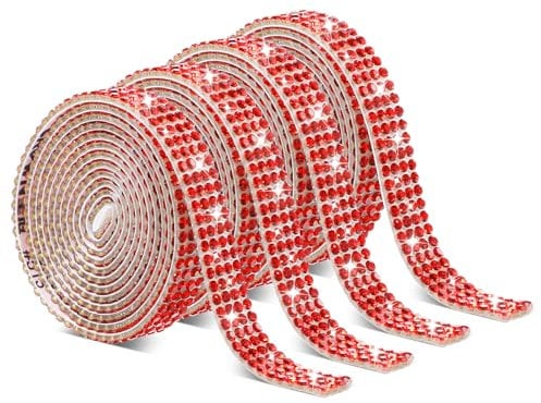 Telooco 4 Rollen Selbstklebendes Strassband Strasssteine Selbstklebend Glitzer Kristall Glitzerband Aufkleber Verpackungsrollen für DIY Handwerk Kleidung Spiegel (4 Reihen à 1 Yard, Rot)