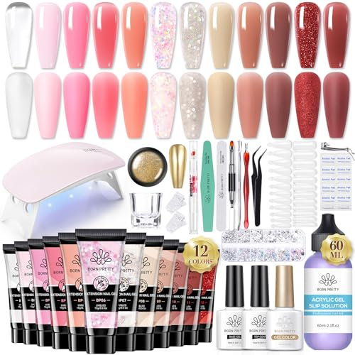 Born Pretty Polygel Starter Set mit UV Lampe - Poly Gel Nägel Set 12 Farben Nude Klar Jelly Rose Nagelverlängerung Kit Base Top Coat Slip Solution Alles-in-Einem-Kit