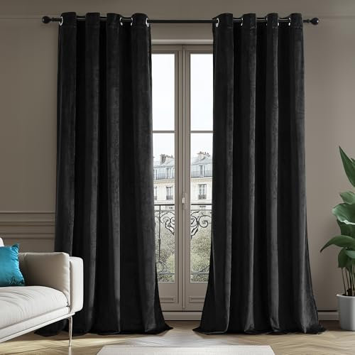Deconovo 100% Blickdicht Vorhang mit Ösen Samt Vorhänge vollständige Verdunkelung Schlafzimmer Gardinen Wohnzimmer Velvet Curtains Kälteschutz Thermovorhang, 280x140cm(HöhexBreite), Schwarz, 2er Set
