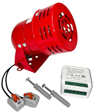 Sirena Control WiFi | Potente Motor 220V | Control Remoto Relé WiFi Incluido | Adhesivo Incluido | Sonido Alarma | 120DB | Metal Rojo | Compatible wallswitch AJAX | Google , Alexa, Tuya. | MS-190