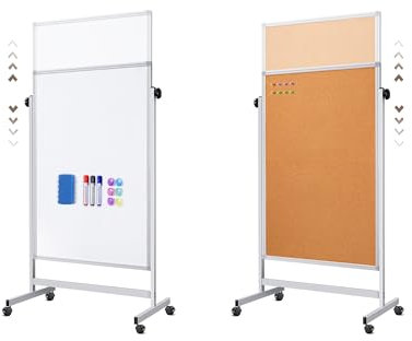 Doppelseitiges Korkbrett, 80 x 120 cm, große Korktafel für Büro, tragbare, doppelseitige trocken abwischbare Tafel auf Rädern, höhenverstellbare Staffelei, Whiteboard für Zuhause, Schule, Büro