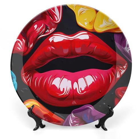 LPSADGF Colorful Lips Decorative Plates Ceramic Decorative Plates for Display Bohemian Style Dinner Plate with Display Stand China Plate for Home Decoration 8inch