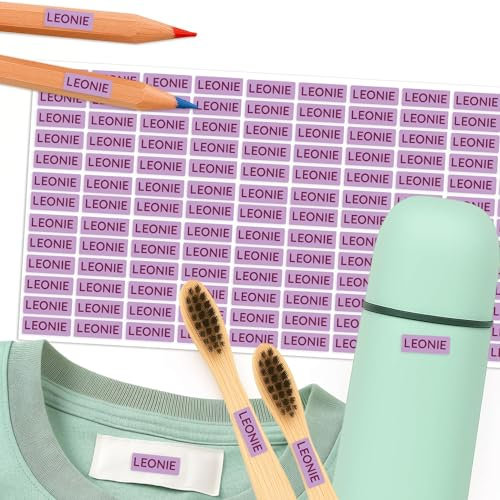 Mini Namensaufkleber 16 x 6 mm – Namensschilder - Stifte, Kleidung, Kleinteile (156 Stück) – wasserfest & spülmaschinengeeignet – BPA-frei – Sunnywall (Lavendel)