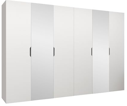 Mirjan24 Kleiderschrank mit Spiegel, Einlegeböden und Kleiderstange Midere 300, Vielseitiger Drehtürenschrank, Elegantes Kleiderschrank 6-türig (Weiß)