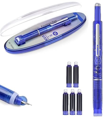 Homtrator Fountain Pen Retractable, Retractable Fountain Pen, 0.38mm Blue&black Ink Transparent Barrel Includes 5 Refillable Ink Cartridges, Cartridges Smooth Writing for Journaling Doodling