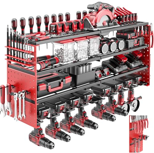 ODSNANIE Werkzeug Wandhalterung,4 Ebenen 8 Steckplätze Wandregal,Rot | Tragkraft 145kg,Robustes Metall,rostgeschützt,Verstellbare Haken,84CM Heavy duty Elektrisch Wandmontage für Garage, Werkstatt