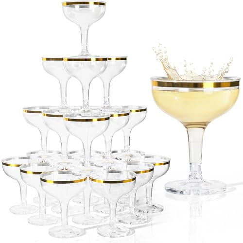RYTOXILO Champagne Tower Glasses, 50 Pack Plastic Coupe Glasses for Parties with Gold Rimmed, Disposable Clear Acrylic Martini Cocktail Cups, Unbreakable Reusable Unique Champagne Glasses Bulk