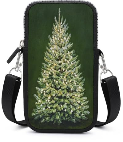 Jubonexis Borsa a tracolla con albero di Natale con luci bianche su sfondo verde scuro, borsa per smartphone con tracolla regolabile