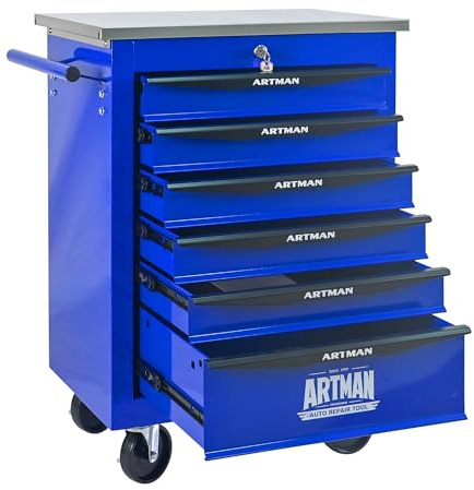 Boîte à outils à rouler avec tiroirs, Armoire de stockage d'outils en acier avec poignée, Roues verrouillables, Boîte d'organisateur d'outils pour atelier de garage (noir bleu,6 Tiroir)