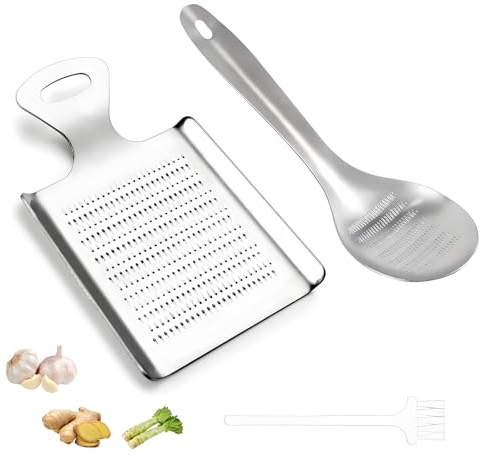 Rayakt Compact Grater Set, Stainless Steel Ginger Grater, Square & Spoon-Style Hand Graters with Cleaning Brush for Ginger, Garlic, Wasabi, Spices & Vegetables(2 Pack + 1 Brush)