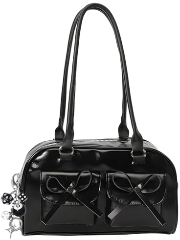 Y2K Bogentasche, schwarz, Umhängetasche für Damen, Y2K Punk Stil Hobo Handtasche aus weichem PU-Leder für den täglichen Gebrauch