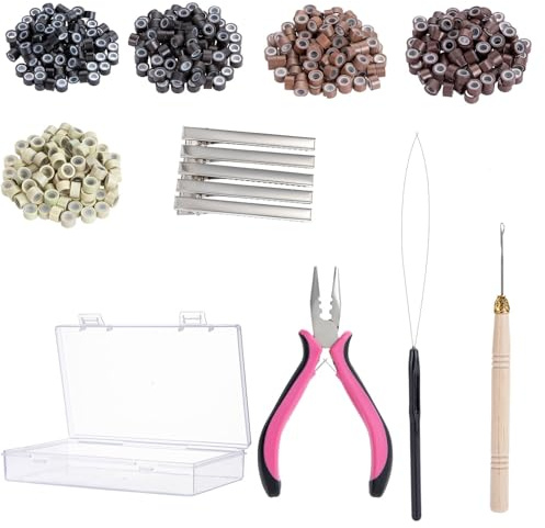 Haarverlängerung Microrings Extensions Set mit 500 Stück Microringe Ringperlen 1 Zange 1 Fadenführer, 1 Hakennadel, 5 Haarspangen, 5 Rollen Nähfaden (Style2)