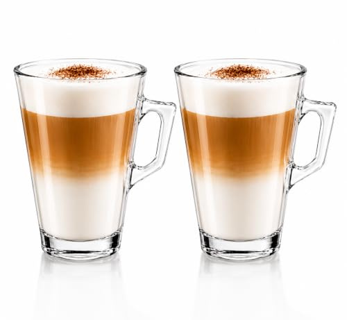 XORX 2 Pack Latte Glass Cups 240ml with Handles | Clear Heat Resistant, Barista Style Glassware, For Latte, Cappuccino, Macchiato, Espresso & Tea, Durable