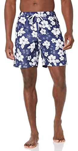 Amazon Essentials Herren 22,9 cm Badehose, Marineblau Hibiskusblume, M