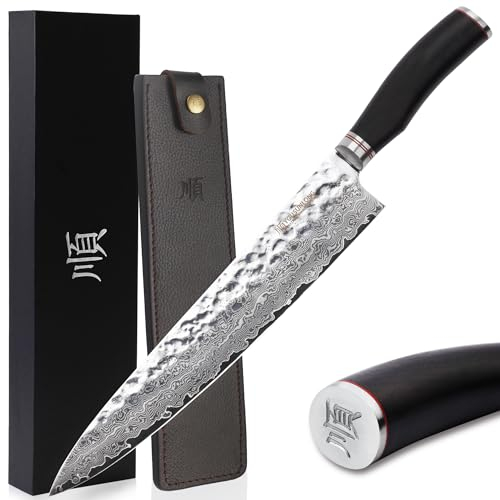 YOUSUNLONG Couteau de chef 30,5cm - japonais damas acier- Manche en bois de plomb avec gaine en cuir