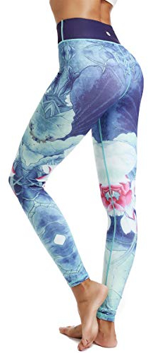 HAPYWER Yoga Leggings Damen High Waist Yogahose Bunt Gym Sport Leggings Tummy Control Running Workout - Stretch Kompressionshose mit Aufdruck für Frauen(Hellblau,L)