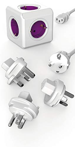 Travel-Cube ReWirable Original, Power-Würfel mit 5 Steckdosen, Mehrfach-Steckdose mit Schuko-Kabel und Reise-Adapter für UK USA AUS, Magenta-weiß