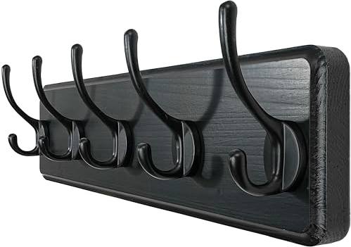 WEBI Porte Manteau Mural Bois,Patère Murale,Bois Massif Porte Manteau Salle De Bain,5 Crochets pour Manteaux Veste,Noir