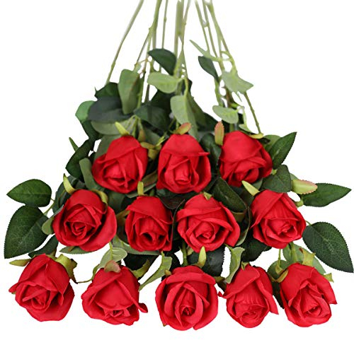 Tifuly Rosen Künstliche Blumen 12 Pcs Seide Künstliche Rose Blumen Gefälschte Blumen für Brautstrauss Haus Hochzeits Party Deko DIY(Rot)