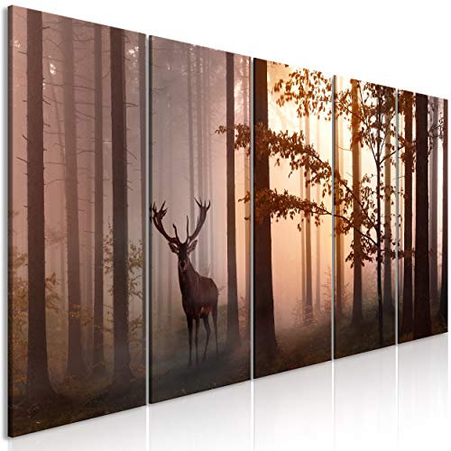 decomonkey Bilder Hirsch 100x40 cm 5 Teilig Leinwandbilder Bild auf Leinwand Wandbild Kunstdruck Wanddeko Wand Wohnzimmer Wanddekoration Deko Tiere Wald Natur
