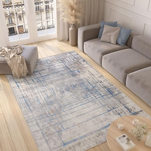 TAPISO Valley Teppich Kurzflor Grau Blau Mehrfarbig Linien Streifen Meliert Verwischt Abstrakt Modern Wohnzimmer Schlafzimmer ÖKO-TEX 120 x 170 cm