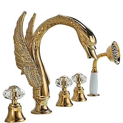 Wannenarmatur Gold Schwan Badewannenarmatur mit Handbrause, 3 Griffe 5 Löcher Wannenbatterie Messing Badewanne Wasserhahn Deck Montiert Wannenmischer mit Kaltes und Heißes Wasser