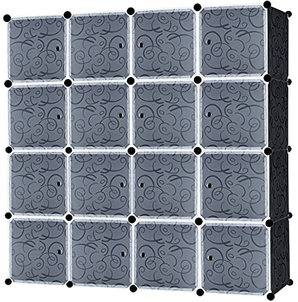 YUENFONG Kleiderschrank Organizer Garderobe DIY Regalsystem Steckregalsystem aus Kunststoff für Kleidung, Schuhe, Spielzeug und Bücher, Schwarz (16 Boxen mit Tür)