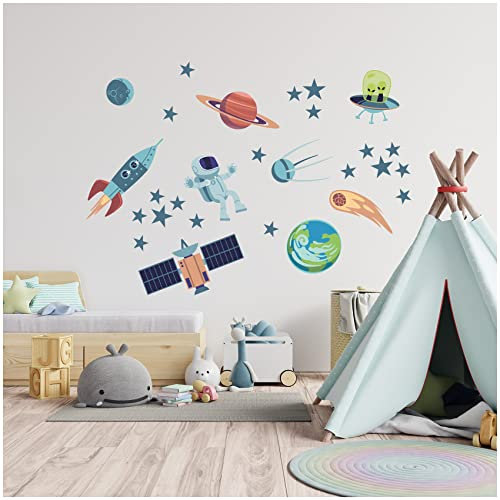 yabaduu Wandsticker personalisiert Sticker Aquarell Tiere mit Name Wandtattoo für Kinderzimmer Babyzimmer Spielzimmer Mädchen Junge Y037 (Nr. 19 Weltall, Ohne Wunschname)