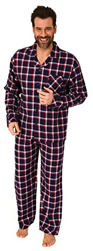 Normann Durchknöpfbarer Herren Flanell-Pyjama mit Karo-Muster, Farbe:Marine, Größe:48