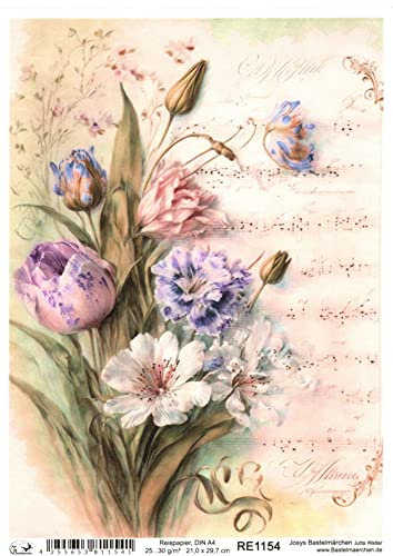 Josys Bastelmärchen Reispapier A4 Strohseide Decoupage Motiv Vintage Blumen Notenblatt RE1154