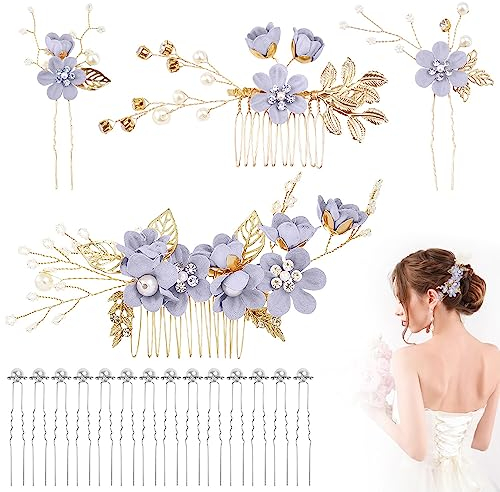 Kleemeiero 22 Stk Haarkamm Hochzeit Haarschmuck Kopfschmuck Blau Brautkamm Blumen Haarteile Braut Kamm Perle Haarnadeln Haarklammer Braut Steckkamm Haarspange Brautschmuck Haare für Frauen Mädchen