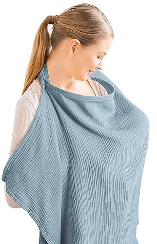 Konssy Musselin-Abdeckung zum Stillen von Babys, atmungsaktiv, 100% Baumwolle, Stillbezug mit starrem Reifen für Mutter, Stillschürze, Mehrzweck-Autositz-Baldachin (Blue)