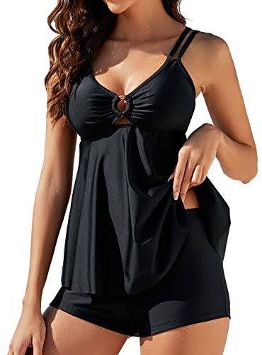 Genfien Women 2 Piece Tankini Swimsuits Double Shoulder Straps Printed Top with Boyshorts Swimwear Bathing Suit Black