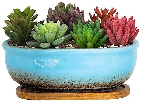 ARTKETTY Pot de Fleurs succulentes rectangulaire en céramique avec Plateau de Drainage - 20 cm - pour la Maison, Le Jardin, la fenêtre