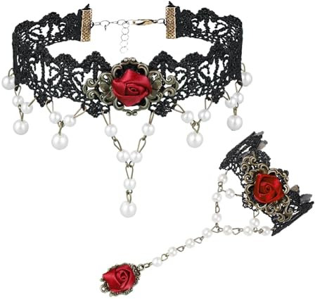 MILAKOO Black Lace Choker Necklace Victorian Red Rosette Bracelets and Finger Ring Set for Women