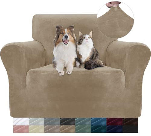 YSTELLAA Samt Stretch Sofabezug 1 Sitzer, Sofaschoner rutschfest Sofa Überzug, Sofa Cover Mit Armlehnen, Elastischer Couch Überzug, Sesselschoner Sofaschutz Katze, Kamel