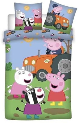 Peppa Pig - Bettwäsche für Kinder, Baumwolle, wendbar auf dem Bauernhof, Traktor, Bettbezug 140 x 200 cm, Kissenbezug 50 x 70 cm